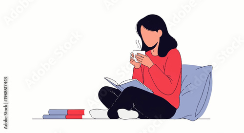Vector flat design illustration of a woman relaxing with a book and coffee on a pillow, enjoying a quiet moment