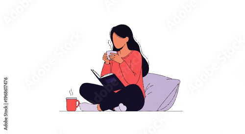Vector flat design illustration of a woman enjoying a warm drink while reading a book peacefully