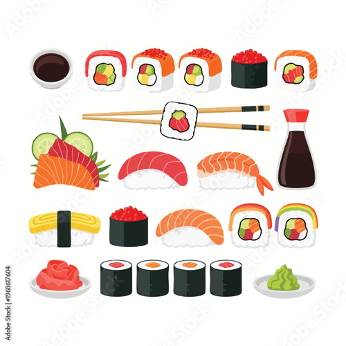Assortment of colorful sushi, sashimi, rolls, and accompaniments on a white background