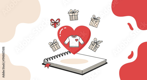 Heart Gifts and T-shirt Design on Notebook, Love Present Concept