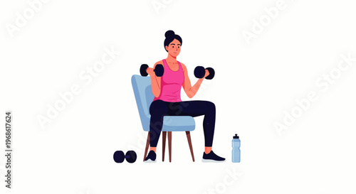 Vector flat design illustration of a woman doing bicep curls with dumbbells while sitting on a chair, focusing