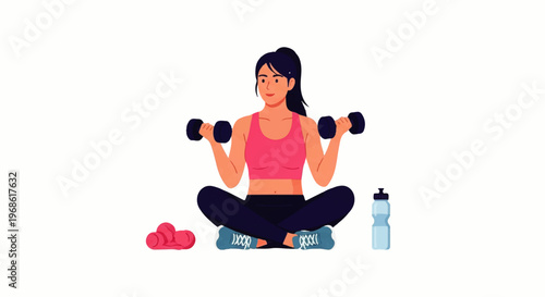 Vector flat design illustration of a fit woman doing dumbbell exercises while sitting cross-legged, promoting a healthy