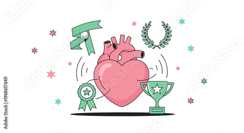 Heart Health Achievement Award Winner Trophy Laurel Wreath Ribbons Vector