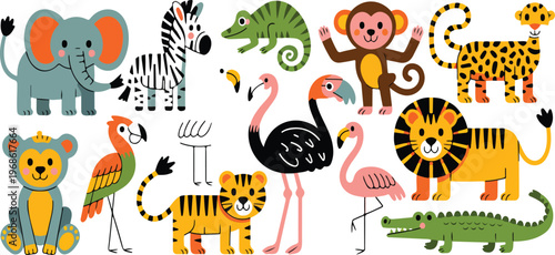 Cute jungle animals flat vector set in simple children style with elephant giraffe tiger lion monkey birds isolated illustration