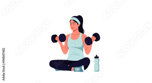 Vector flat design illustration of a fit woman doing dumbbell exercises while sitting, promoting a healthy lifestyle