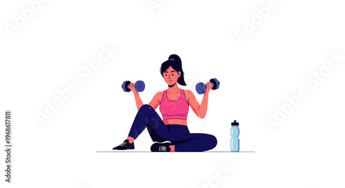 Vector flat design illustration of a fit woman exercising with dumbbells, sitting on a mat with a water bottle nearby