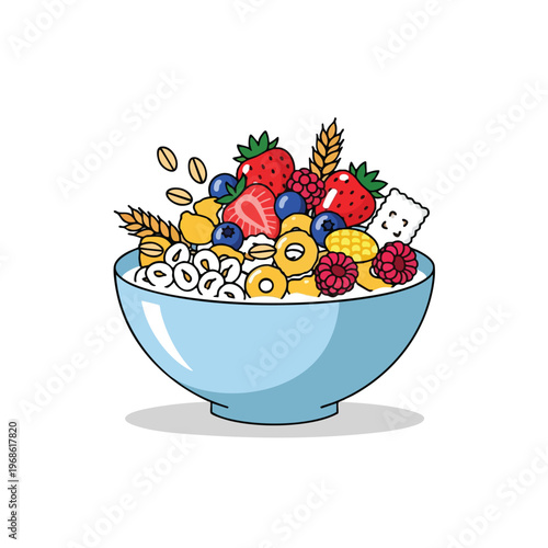 A blue bowl overflowing with a colorful mix of cereals, strawberries, blueberries, and raspberries