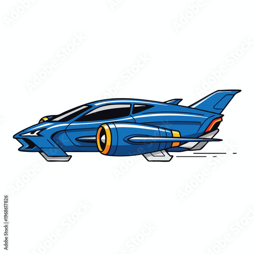 Futuristic blue hovercar with yellow accents and a sleek aerodynamic design