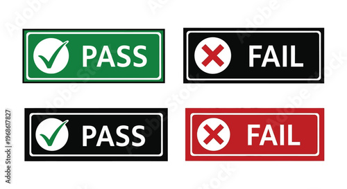 Four rectangular signs displaying pass and fail statuses with checkmarks and x marks a simple silhouette high quality professional detailed