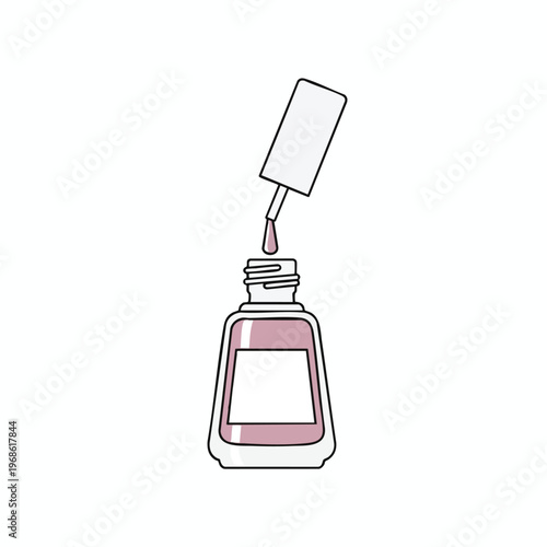 A bottle of light pink nail polish with an open lid and dripping applicator