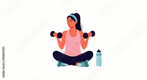 Vector flat design illustration of a woman sitting cross-legged with dumbbells, focusing on fitness and healthy