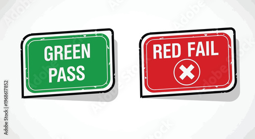 Two rectangular signs one green pass and one red fail display contrasting results in a stark composition silhouette high quality professional