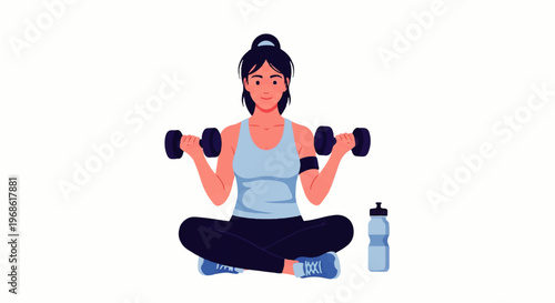 Vector flat design illustration of a woman doing dumbbell exercises in a seated position, promoting a healthy lifestyle