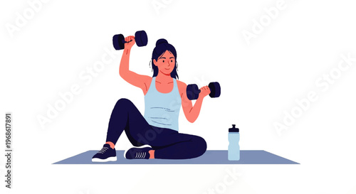 Vector flat design illustration of a woman exercising with dumbbells on a mat, promoting a healthy lifestyle concept