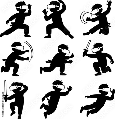 Black Silhouette Kids Activities Set with Playing Running Cycling Skateboarding and Everyday Actions