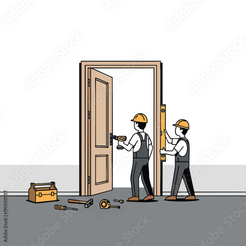 Two workers install a door using tools, including a drill and level