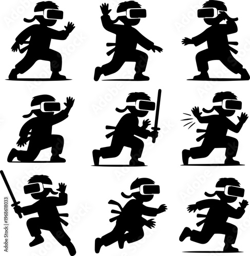 Black Silhouette Kids Activities Set with Playing Running Cycling Skateboarding and Everyday Actions