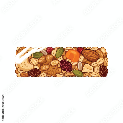 A crunchy cereal bar packed with nuts, seeds, dried fruit, and a white drizzle
