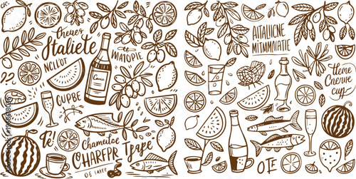 Hand Drawn Italian Food Doodle Pattern with Pasta Pizza Vegetables and Kitchen Elements in Brown Sketch Style