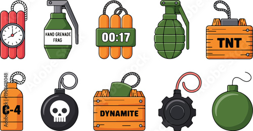 Cartoon bomb and dynamite set with explosive devices military ammunition game asset icons vector illustration collection isolated design