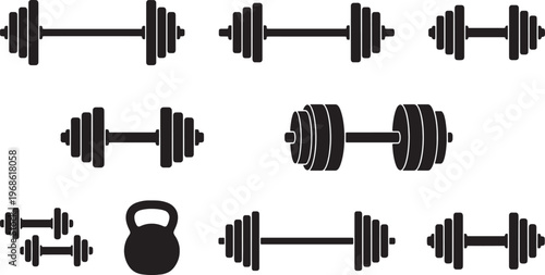 Black Dumbbell and Kettlebell Fitness Icons Set Isolated on White Background