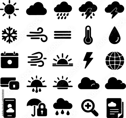 Weather Icon Collection: A comprehensive set of weather icons, meticulously designed, suitable for illustrating diverse meteorological conditions.