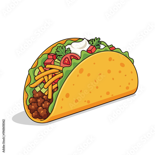Yellow corn tortilla taco filled with seasoned ground beef, lettuce, tomatoes, and sour cream
