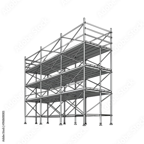 Multi-level metallic scaffolding structure with diagonal bracing and platform floors