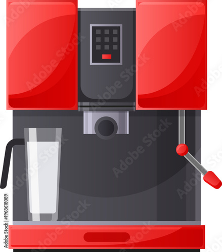 Red automatic espresso machine preparing hot coffee drink