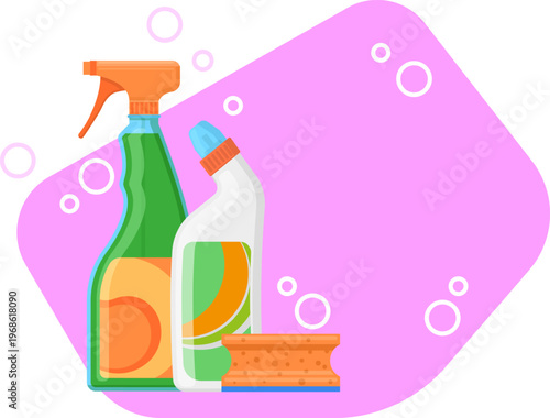 Cleaning supplies set with spray bottle and sponge
