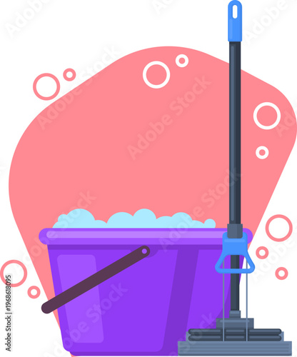 Cleaning bucket with mop and soapy water