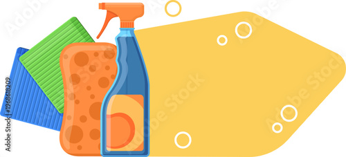 Cleaning supplies for household chores with copy space