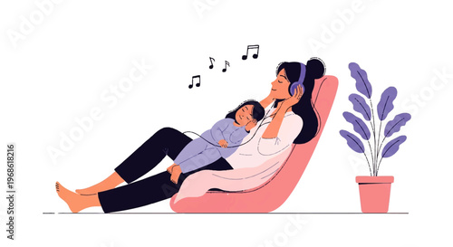 Vector flat design illustration of a mother and child relaxing while listening to music together with headphones