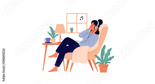 Vector flat design illustration of a woman relaxing in a chair listening to music with headphones at home