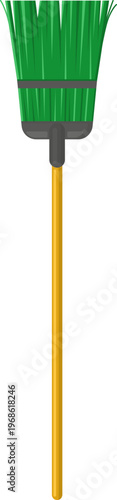 Broom cleaning domestic equipment with green bristles and yellow handle