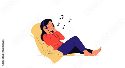 Vector flat design illustration of a woman relaxing on a chair listening to music with headphones, enjoying the melody