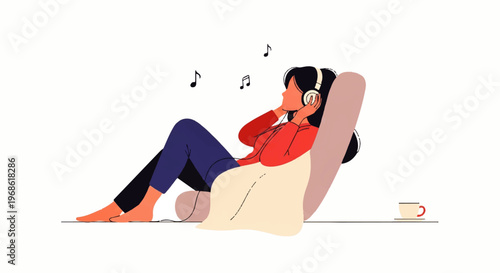 Vector flat design illustration of a woman relaxing in a chair listening to music with headphones, enjoying a peaceful