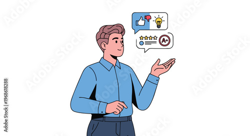 Young man presenting feedback and evaluation icons
