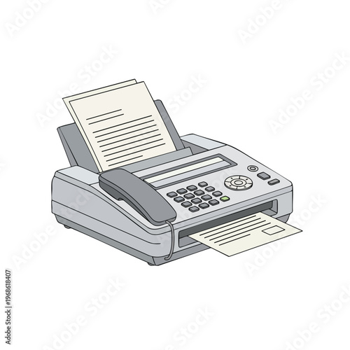 A grey fax machine with a handset, paper in the feeder and output tray