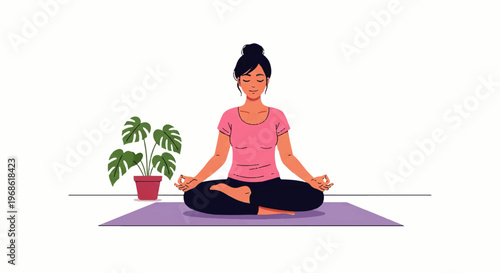 A serene woman practices yoga meditation in a lotus pose, a vector flat design illustration for wellness and mindfulness