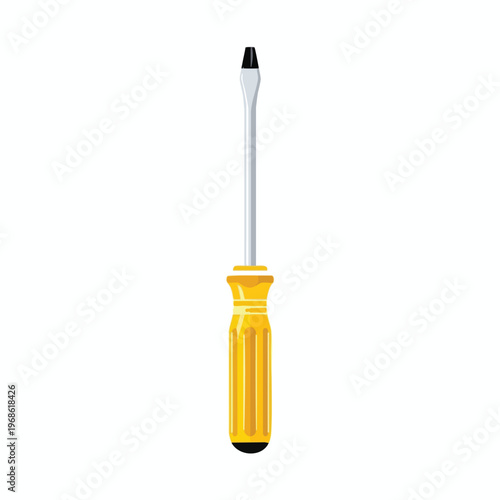 A flat-head screwdriver with a yellow ridged handle and silver shaft
