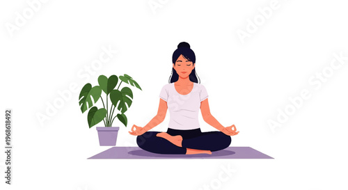 Vector flat design illustration of a serene woman meditating peacefully in a lotus pose on a yoga mat, promoting