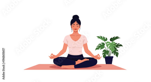 A serene woman practices yoga meditation in a lotus pose, embodying peace and mindfulness in a clean vector flat design