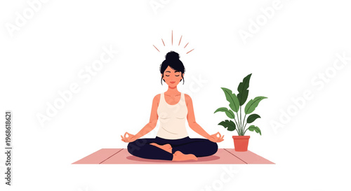 Vector flat design illustration of a woman meditating peacefully on a yoga mat, embodying inner calm and mindfulness