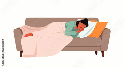 Vector flat design illustration of a woman sleeping peacefully on a comfortable sofa covered with a cozy blanket
