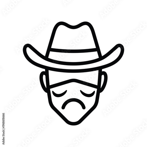 Minimalist line art icon of a sad cowboy bandit wearing a traditional western hat and face mask, expressing grief or disappointment