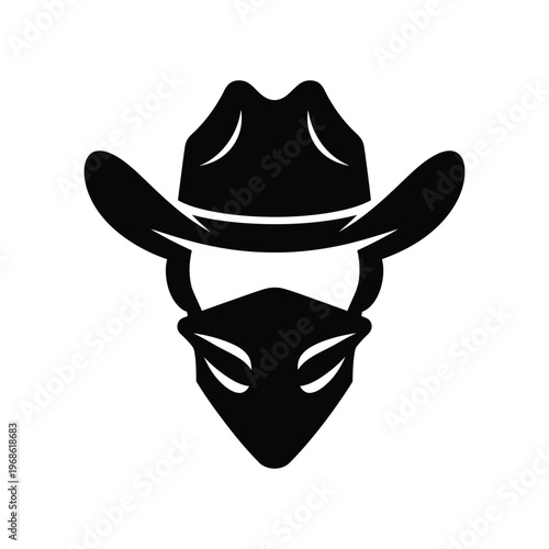 Minimalist black silhouette of a cowboy outlaw wearing a traditional western hat and face bandana, ideal for wild west themed logos, gaming avatars, and vintage frontier branding.