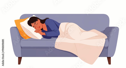 A woman sleeping peacefully on a comfortable couch, a vector flat design illustration depicting rest and relaxation
