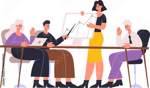 Business team collaborating and presenting growth analysis