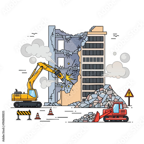 Yellow excavator demolishes building as red loader clears rubble